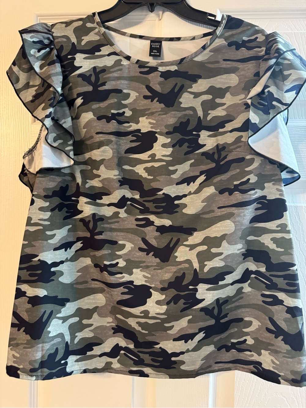 Ruffle Sleeve Camo Print Blouse - Emery Rose - Green Camo